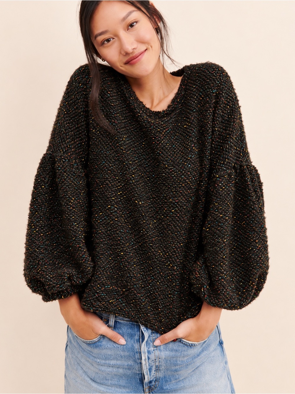 Anthropologie NWOT Blue Tassel Black Speckled Balloon Sleeve Crewneck Sweater